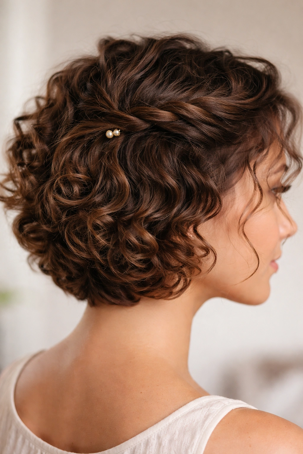 Close-up of short curly hair with a twisted crown detail near the temple.