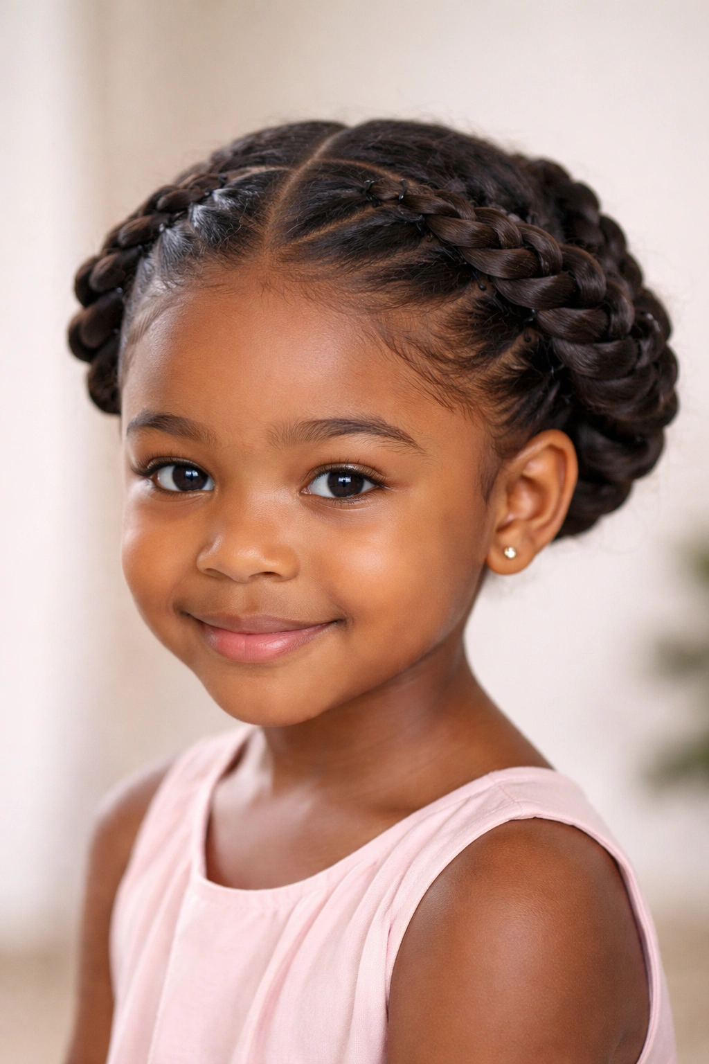 Close-up of a little girl's head with a twisted crown hairstyle around the perimeter.