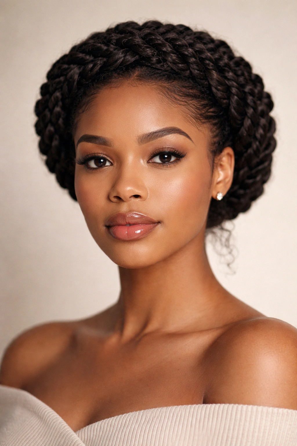 Close-up of a person wearing a twisted crown hairstyle in a studio