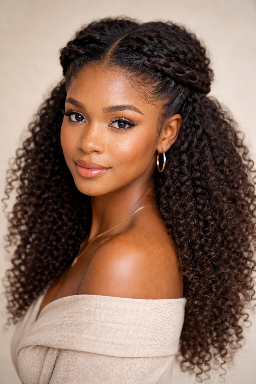 Afro hairstyle with crown-like twists at back and loose hair down