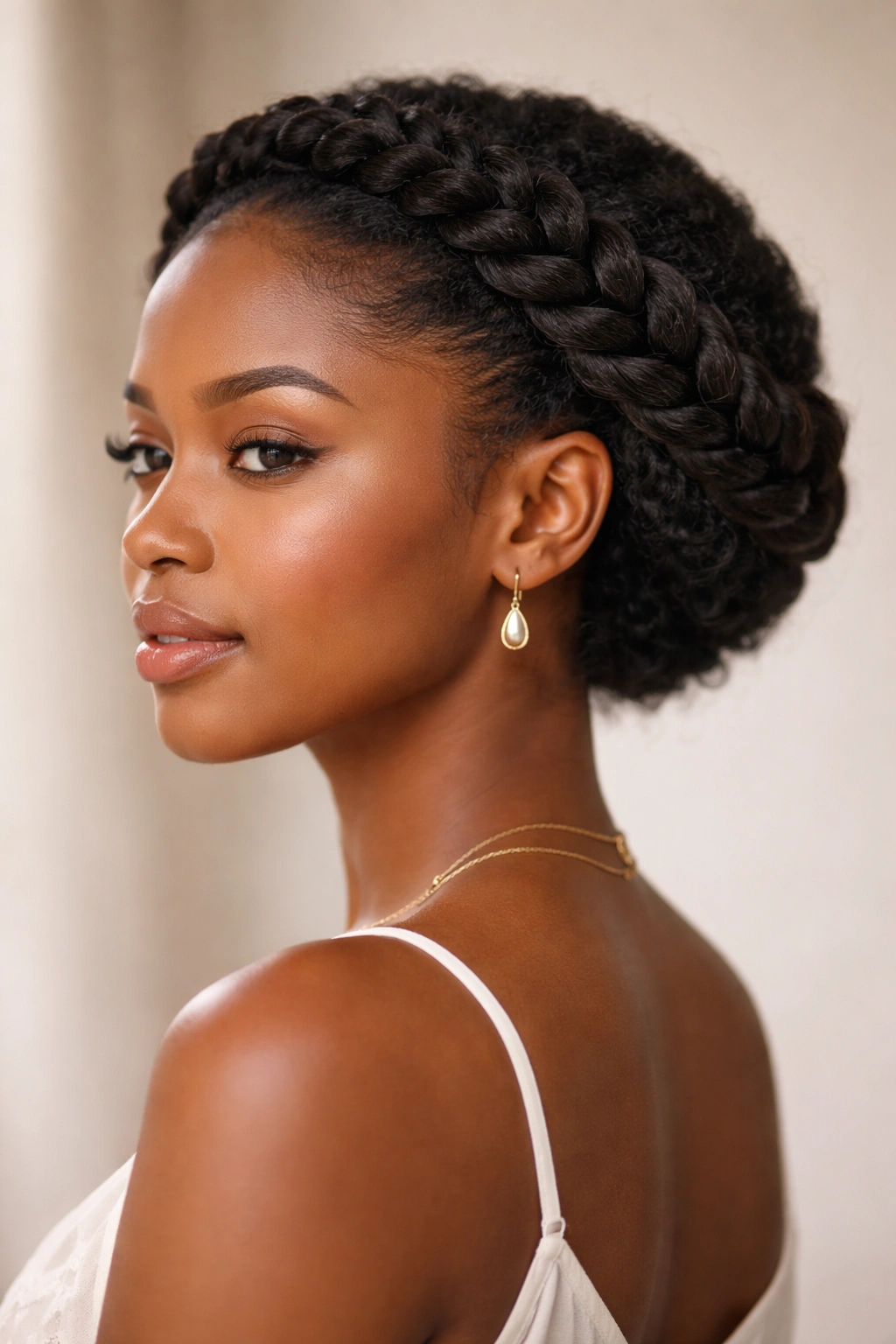 Twisted crown halo braid looping around head