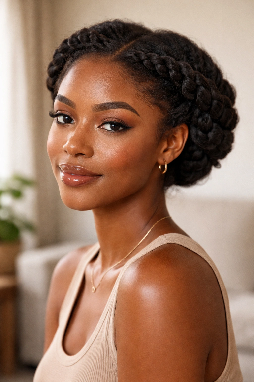 Two thick twists forming a crown halo around the head