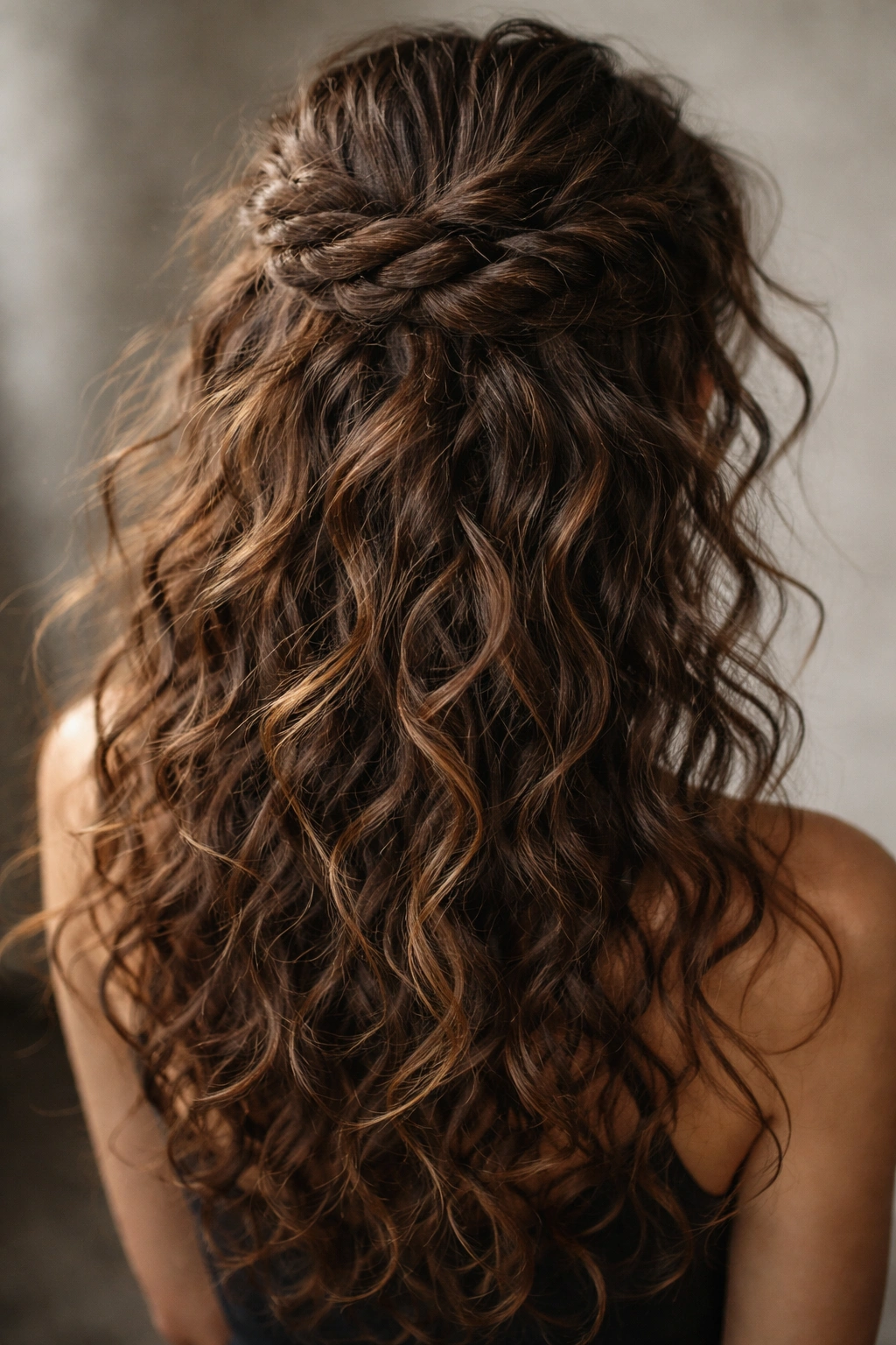 Close-up of crown twist knot atop defined curly hair with loose, chaotic curls.