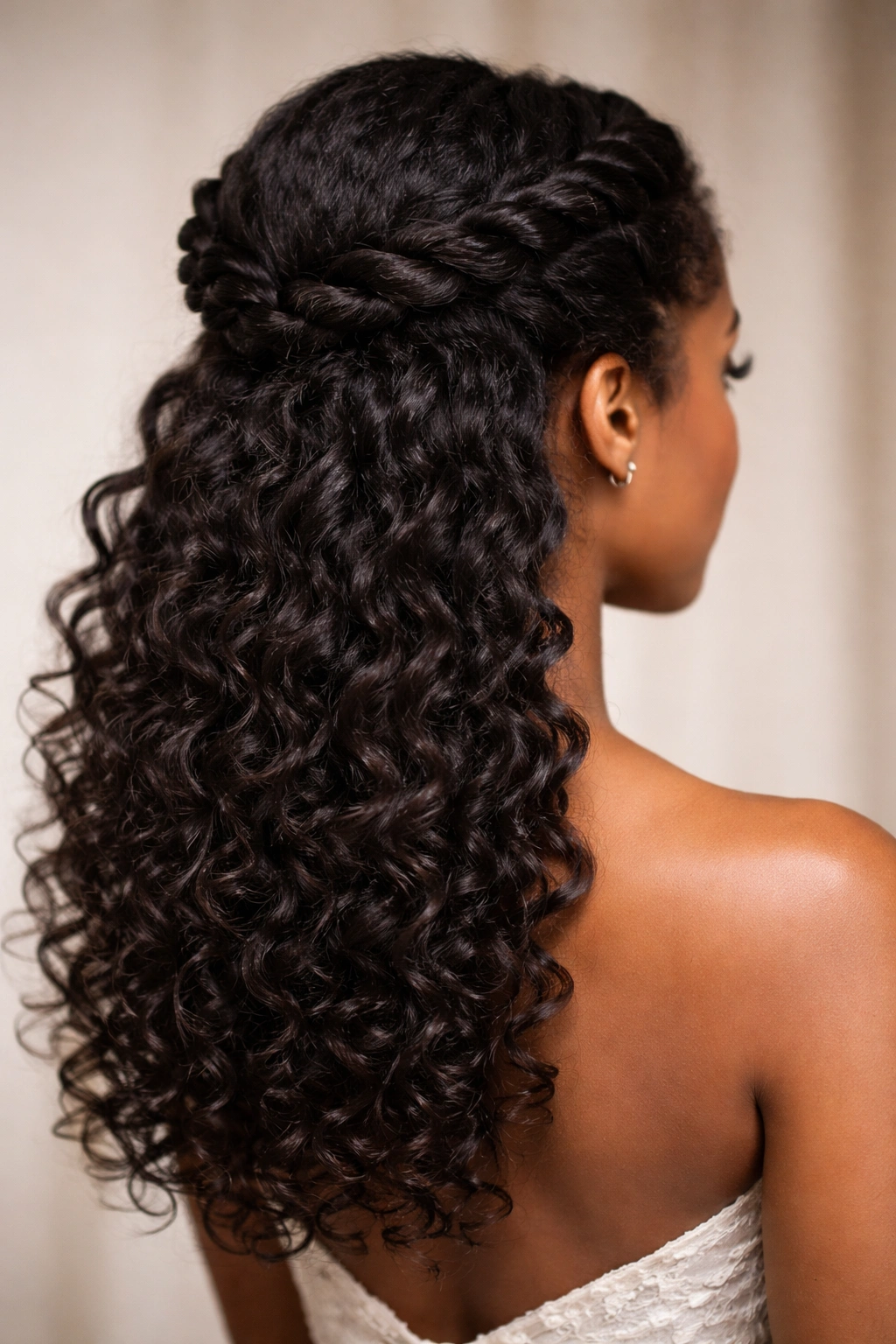 Twisted crown with loose curls flowing down the back