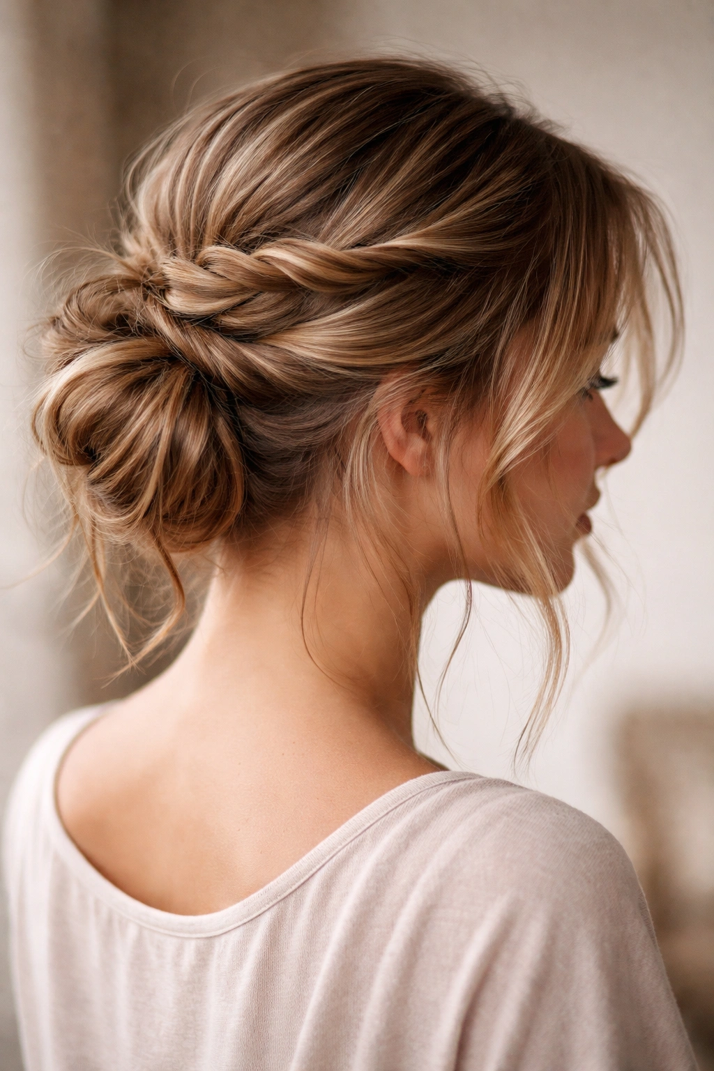Twisted crown messy bun with two loose twists around crown meeting at back