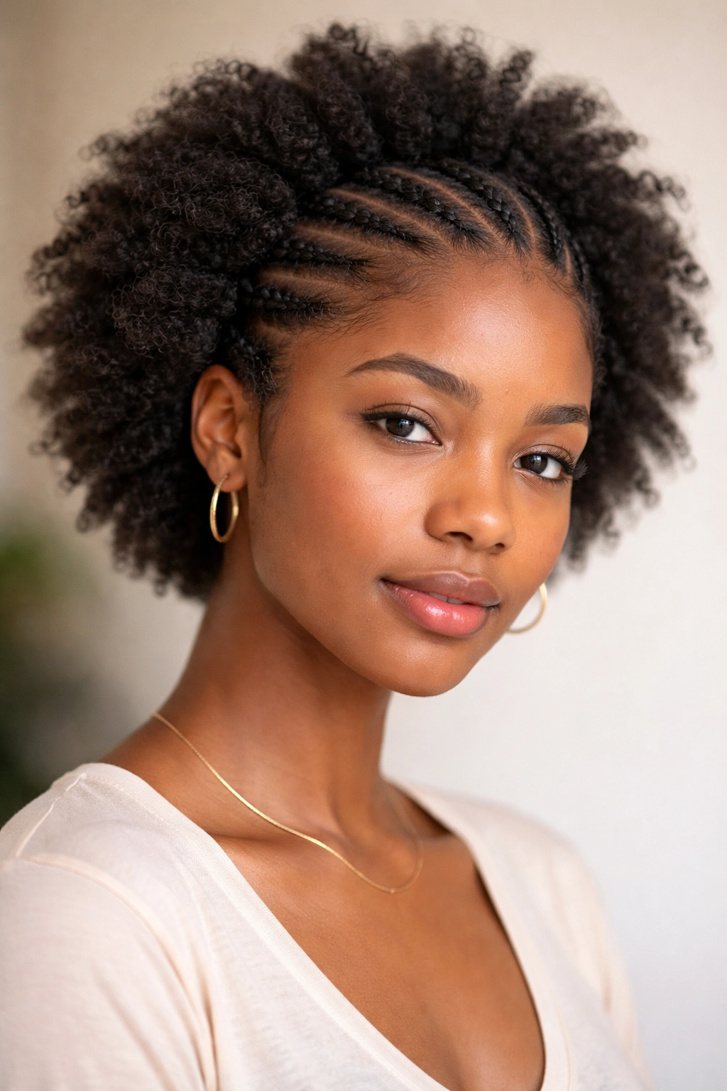 Headshot of a person with twists around the crown of a mini afro, rest of hair fluffy.