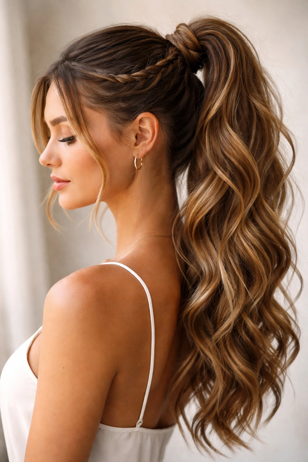 Twisted crown pony with two twists meeting at a high pony