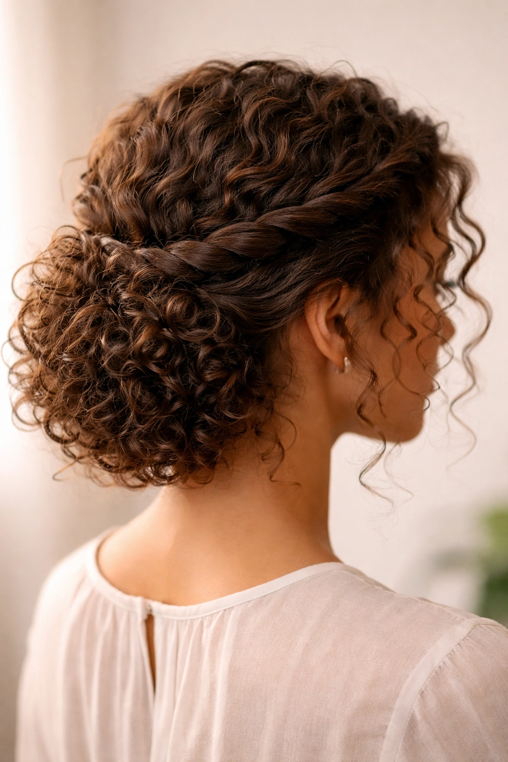 Three-quarter view of a curly updo with two loose twists forming a crown at the back.