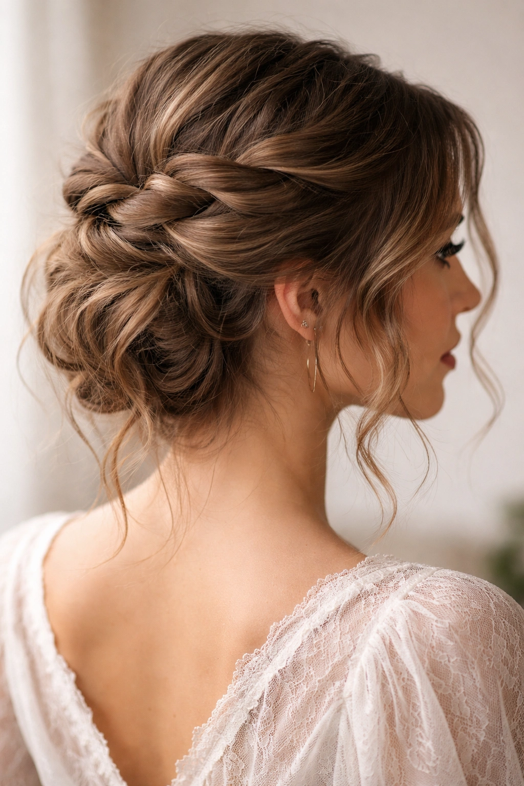 Close-up of Twisted Crown Updo showing crown twists and face-framing waves