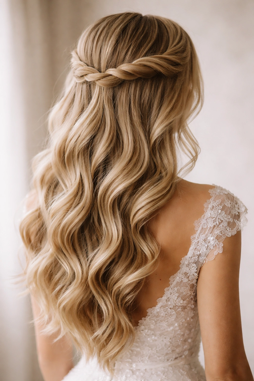 Bridal hairstyle with a twisted crown and cascading waves.
