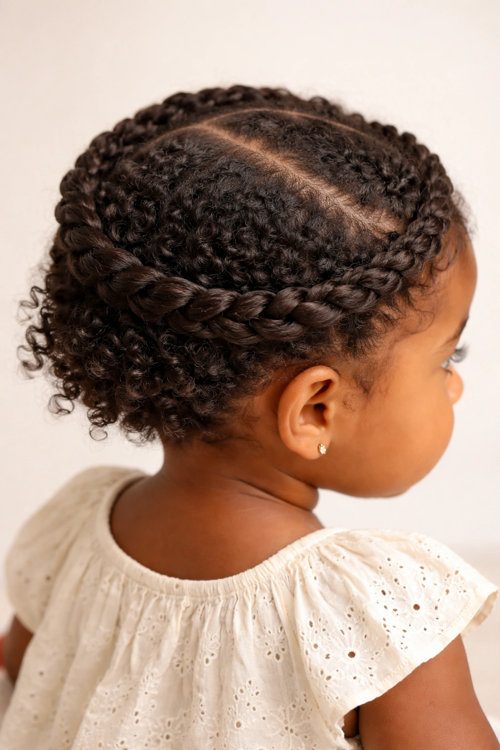 Toddler with a twisted crown hairstyle wrapping around the head.