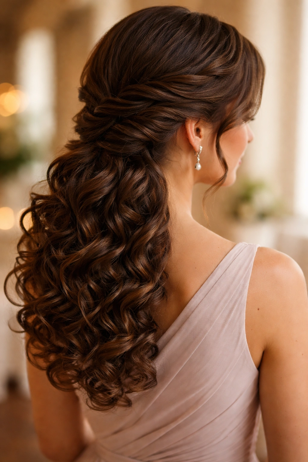 Three-quarter view of a bridesmaid with twisted low side curls