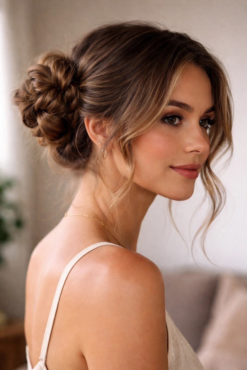 Symmetric twisted double buns on the back of the head with waves