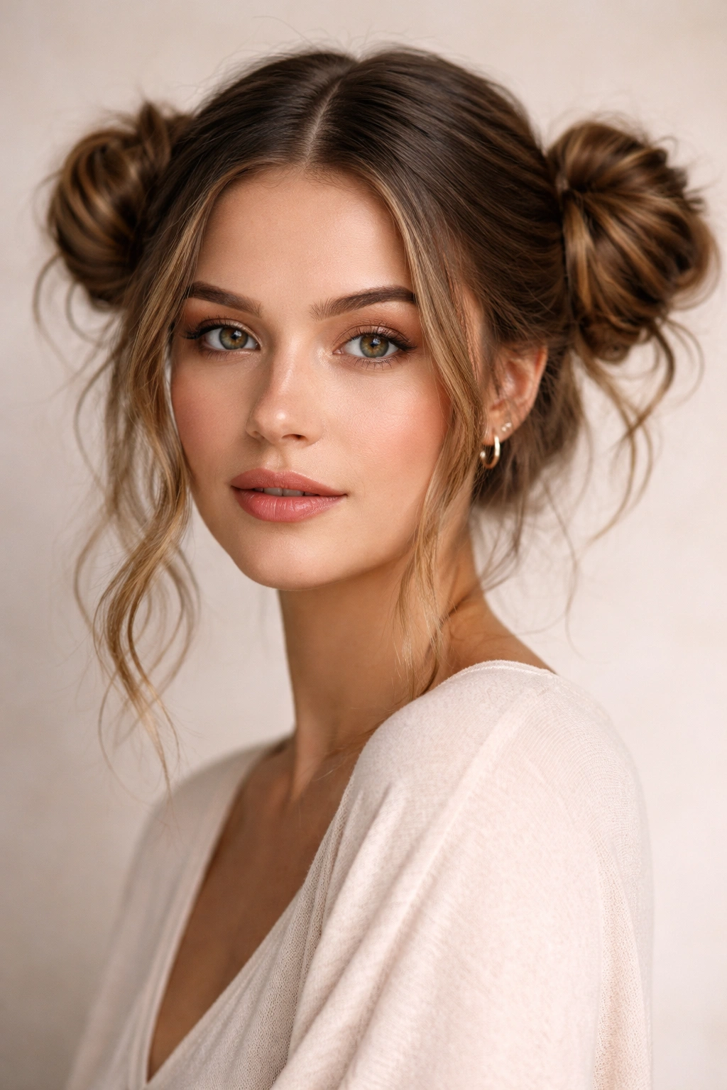 Close-up of twisted double bun hairstyle on wavy hair with center part