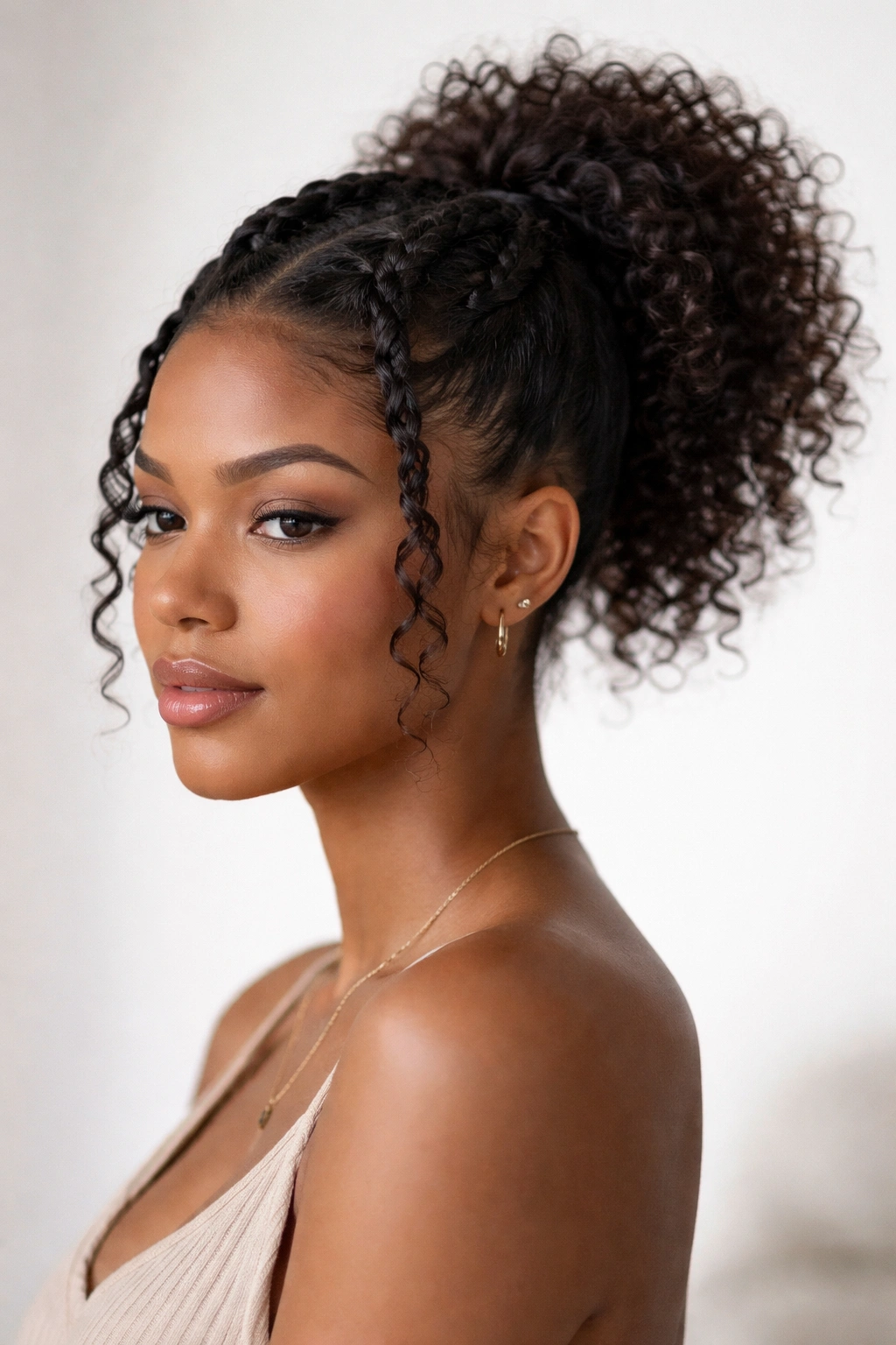 Face-framing twisted weaves converging into a high ponytail on short curls