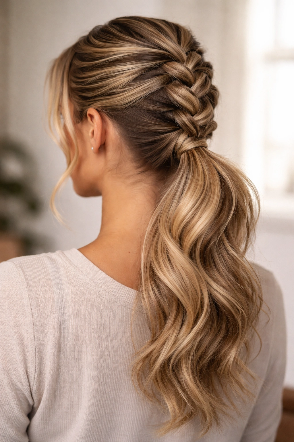 Dutch braid transitioning to twisted sections into a ponytail