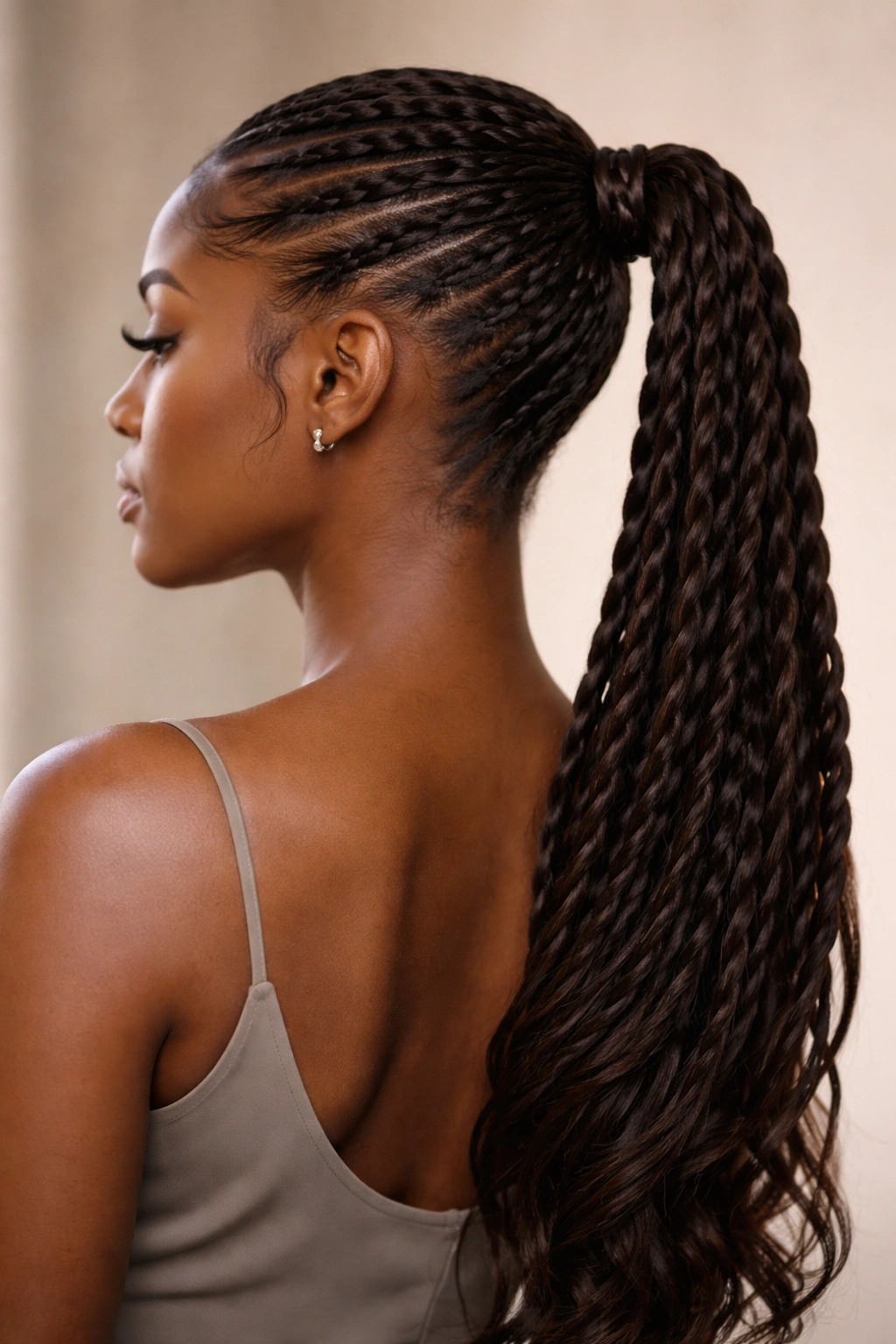 Three-quarter back view of two-strand twisted feed-in braid into ponytail