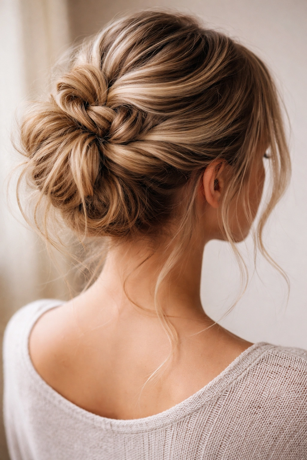 Twisted French braid transitioning into a textured messy bun