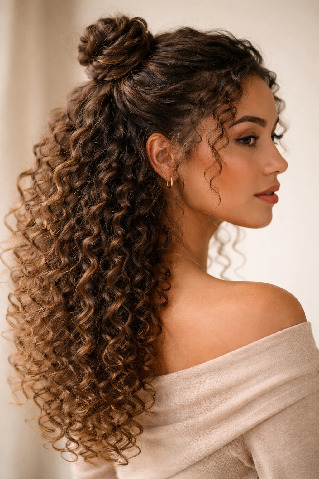 Profile of a curly hairstyle featuring a twisted half bun and loose lower curls