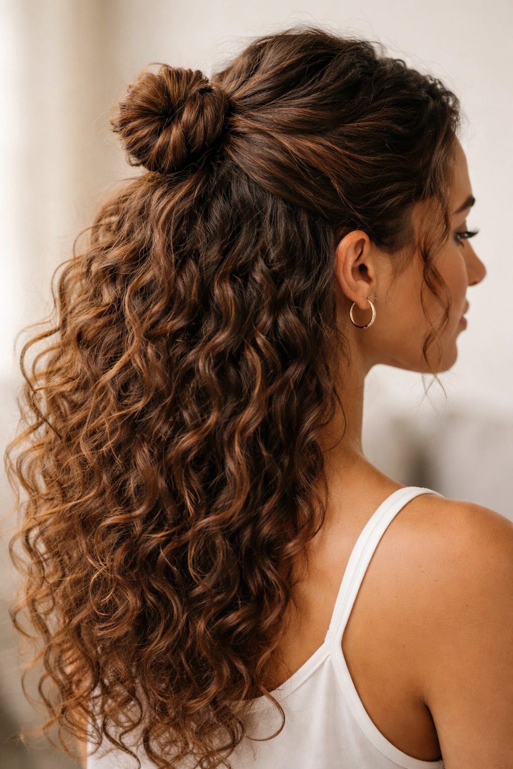 Half-up hairstyle with twisted crown forming a small bun.