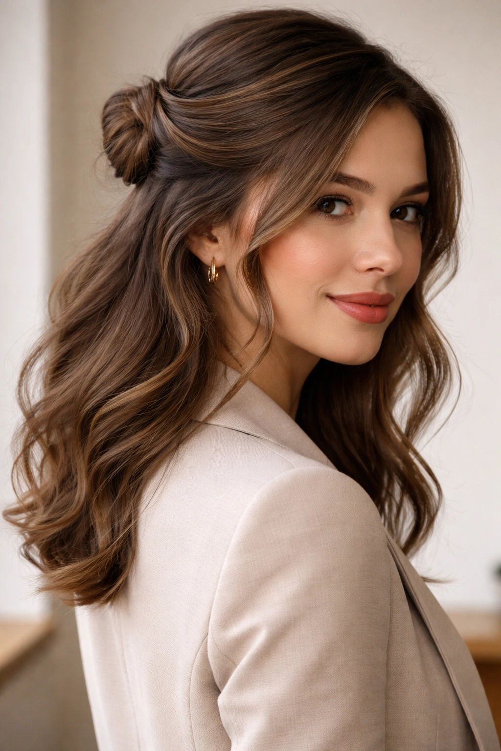 Twisted back half-bun with face-framing waves for a modern professional look.