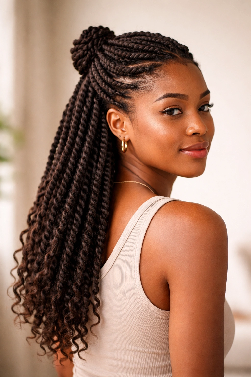 Half-up twisted hairstyle with top twists and loose lower hair