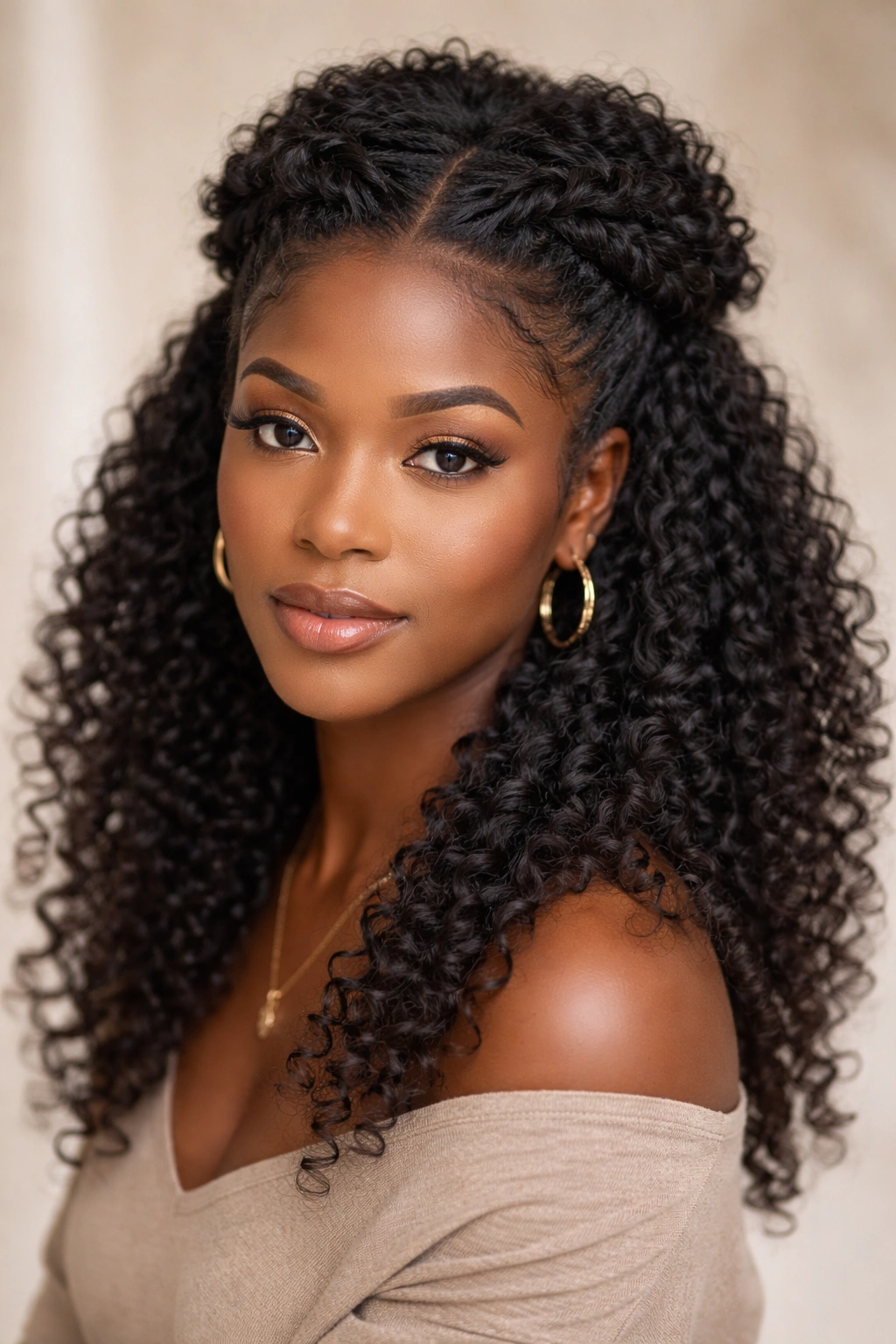 Close-up of a model's twisted half-up, half-down Afro hairstyle.