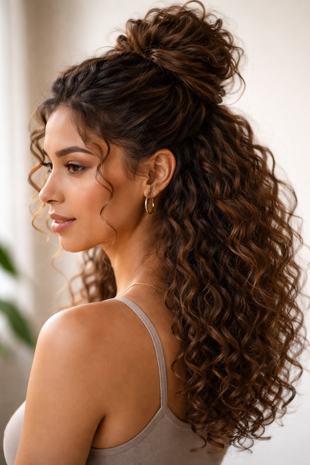 Twisted half-up high bun on curly hair with top twists and bottom curls visible