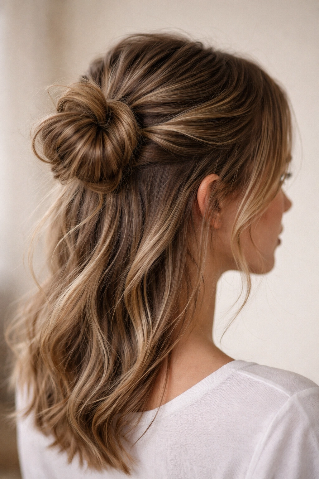 Close up of two temple twists meeting at the crown forming a bun