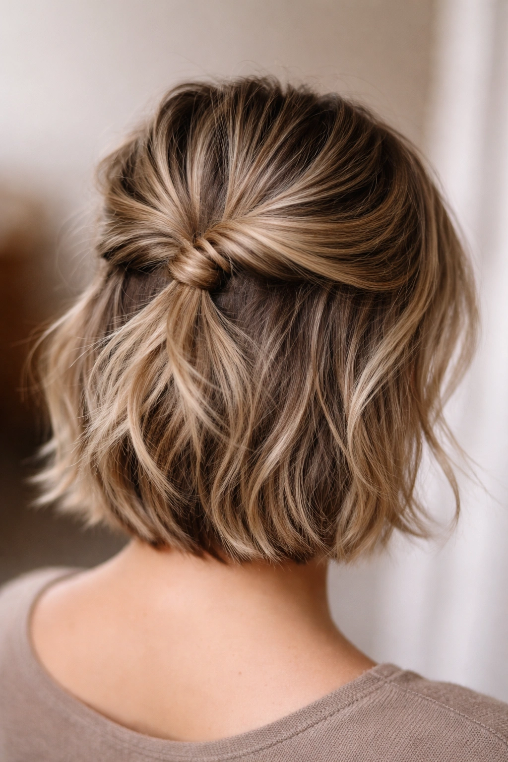 Close-up of short hair twisted into a half-up bun with visible texture and invisible pins