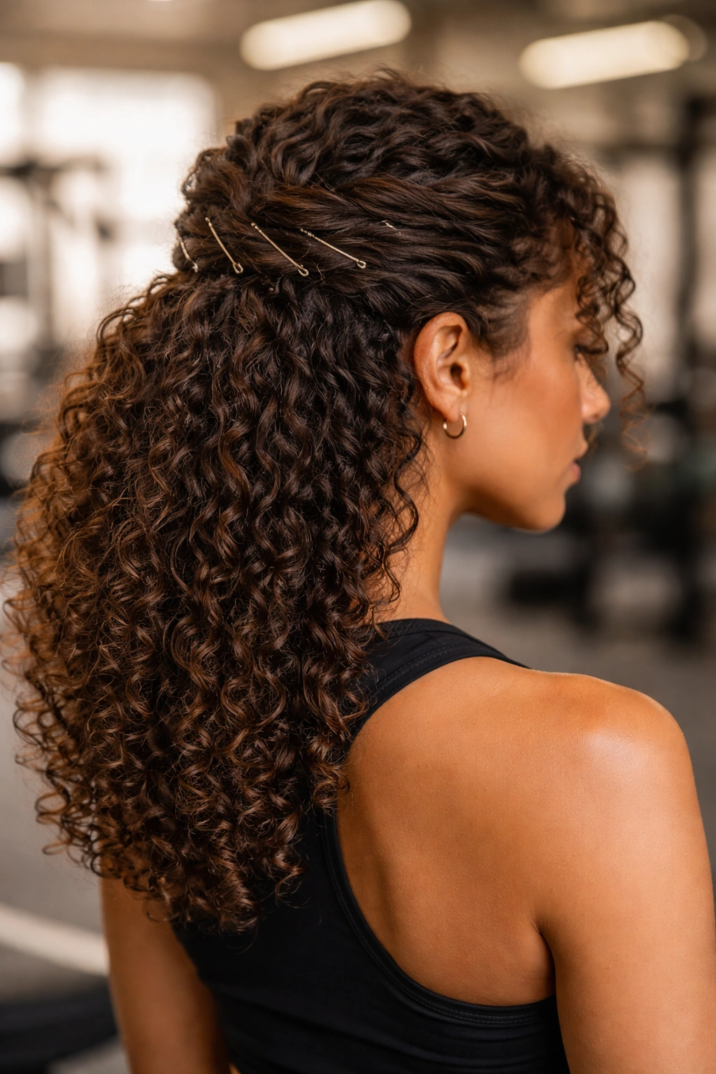 Close-up of curly hair showing twisted half-up style pinned at crown for gym workouts.