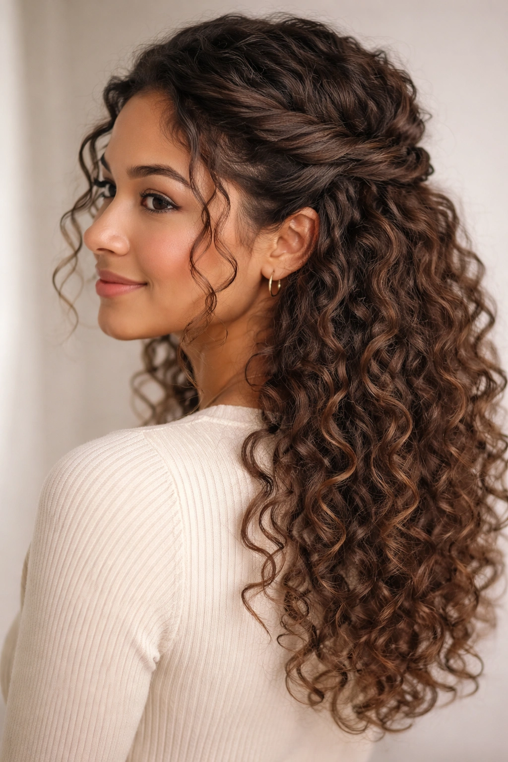 Twisted half-up style with loose twists pinned at the back