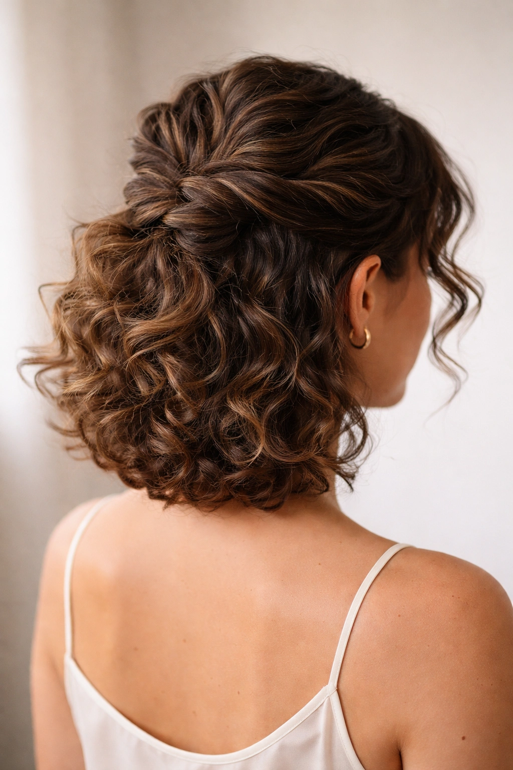 Top half of curly hair twisted and pinned at the back with the bottom half down