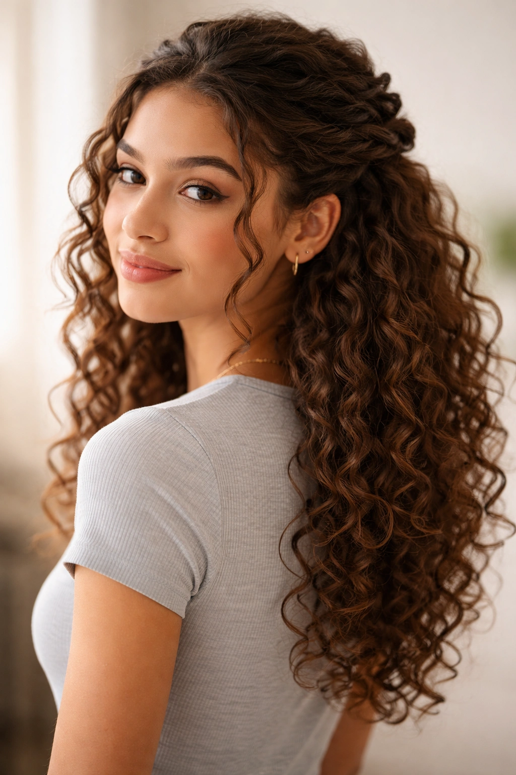 Two front twists secured at the back with curls flowing