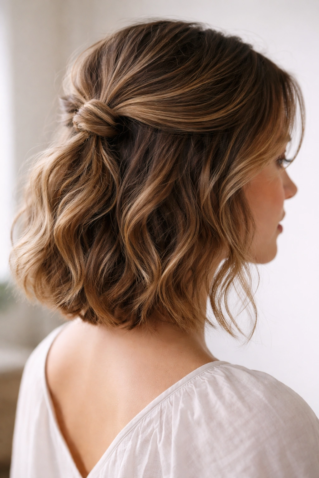 Half-up knot with a twist at the crown among wavy short hair