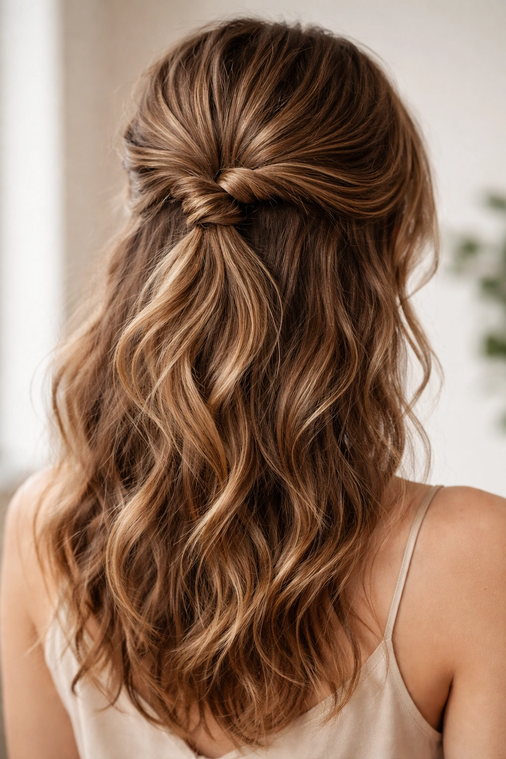 Close-up of twisted half-up knot on wavy hair with natural texture