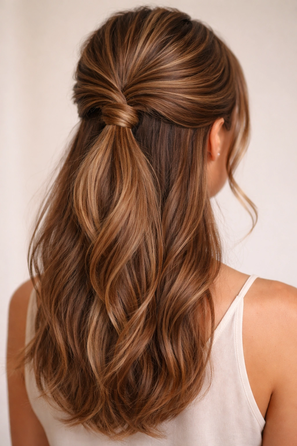 Twisted half-up ponytail with two twists interlocking at the crown
