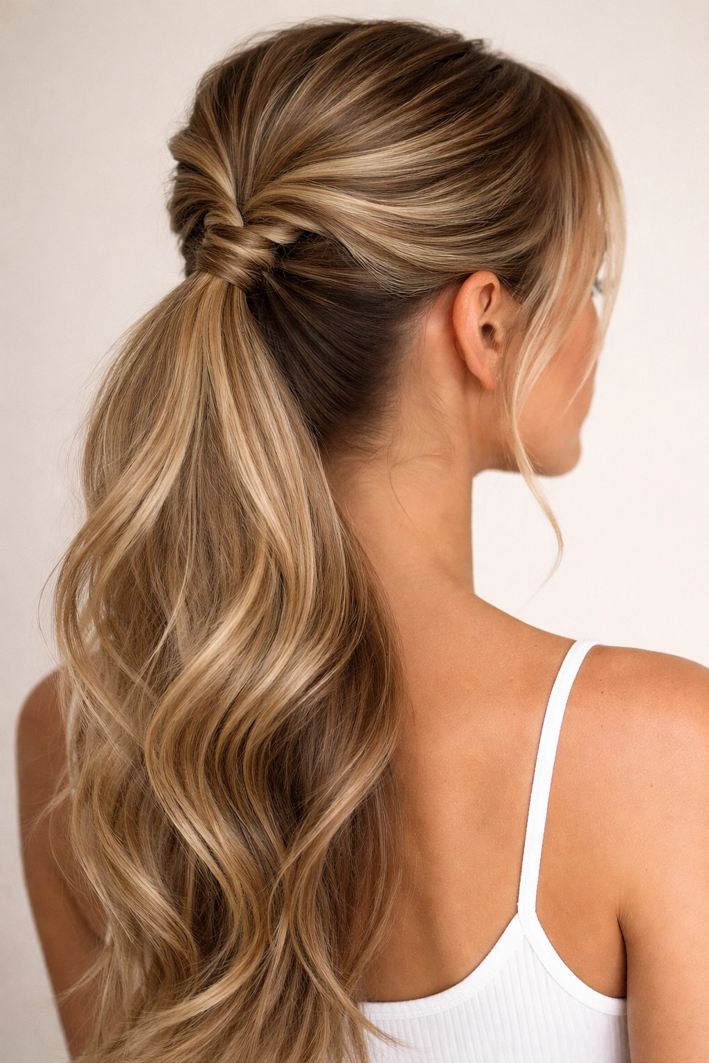 Twisted half-up ponytail showing twin twists meeting at back