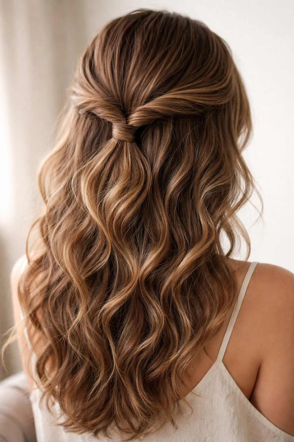 Two loose twists meet at the crown in a wavy hairstyle