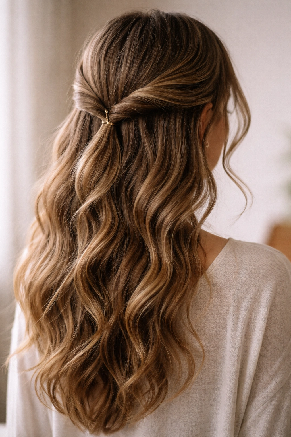 Twisted half-up hairstyle on wavy hair, showing texture.