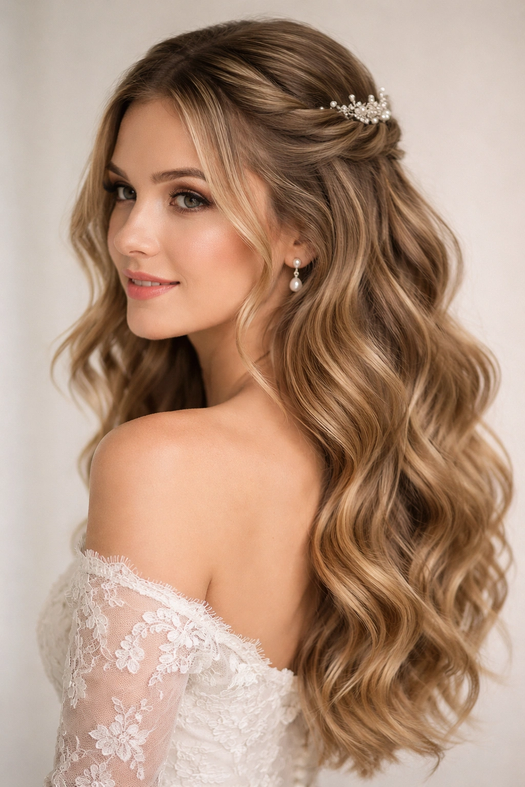 Twisted half-up hairstyle with clearly defined piecey waves and a small decorative clip