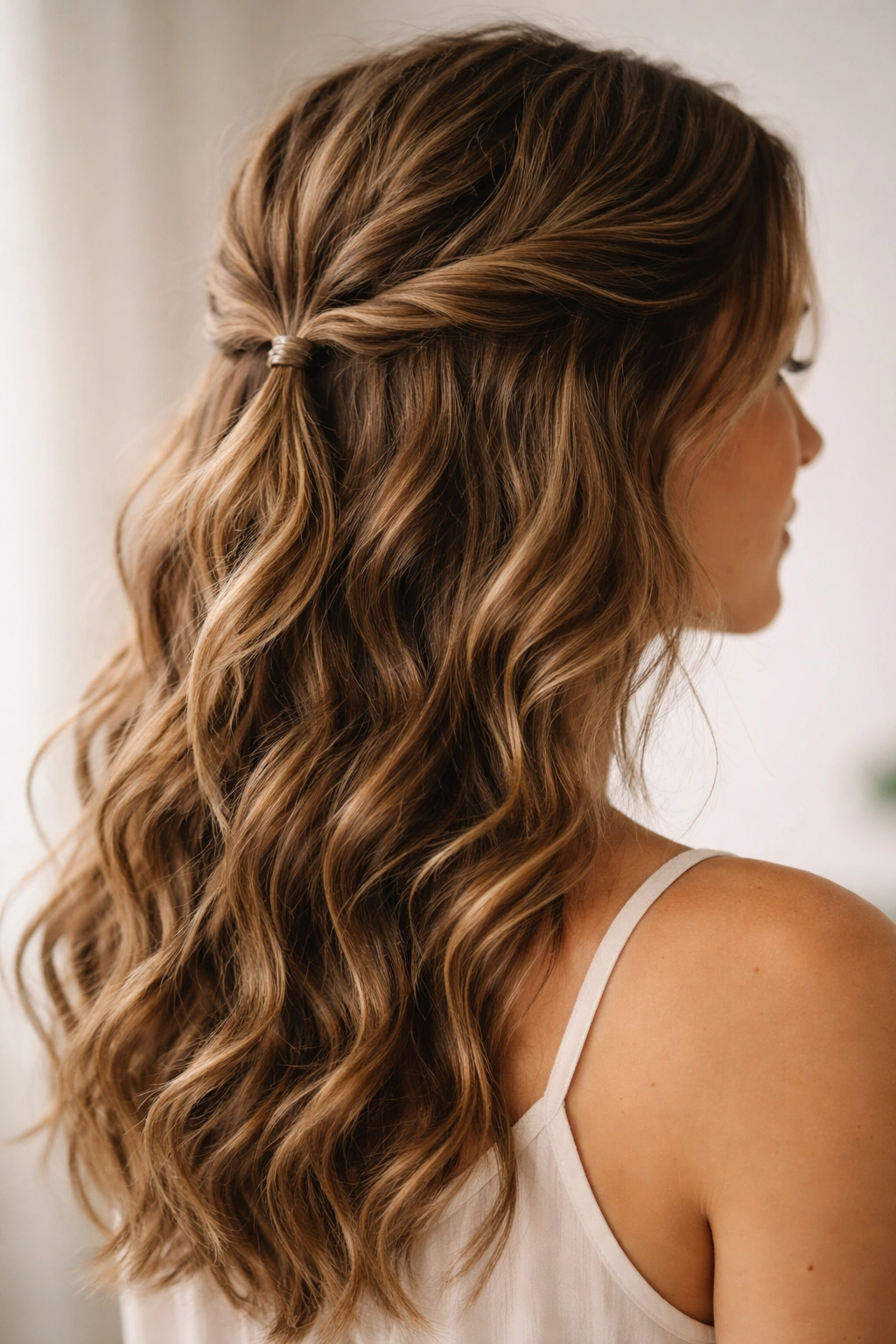 Close-up of a wavy hairstyle with two temple twists forming a half-up look