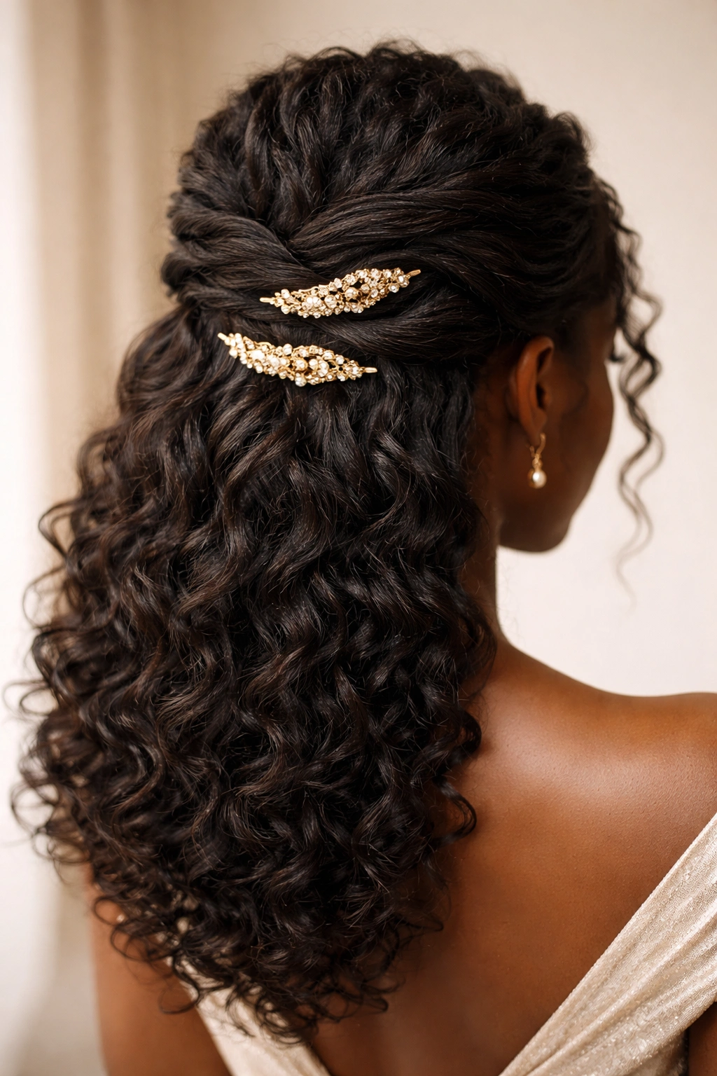 Close-up of twisted half-updo with gold statement clips securing the twist.
