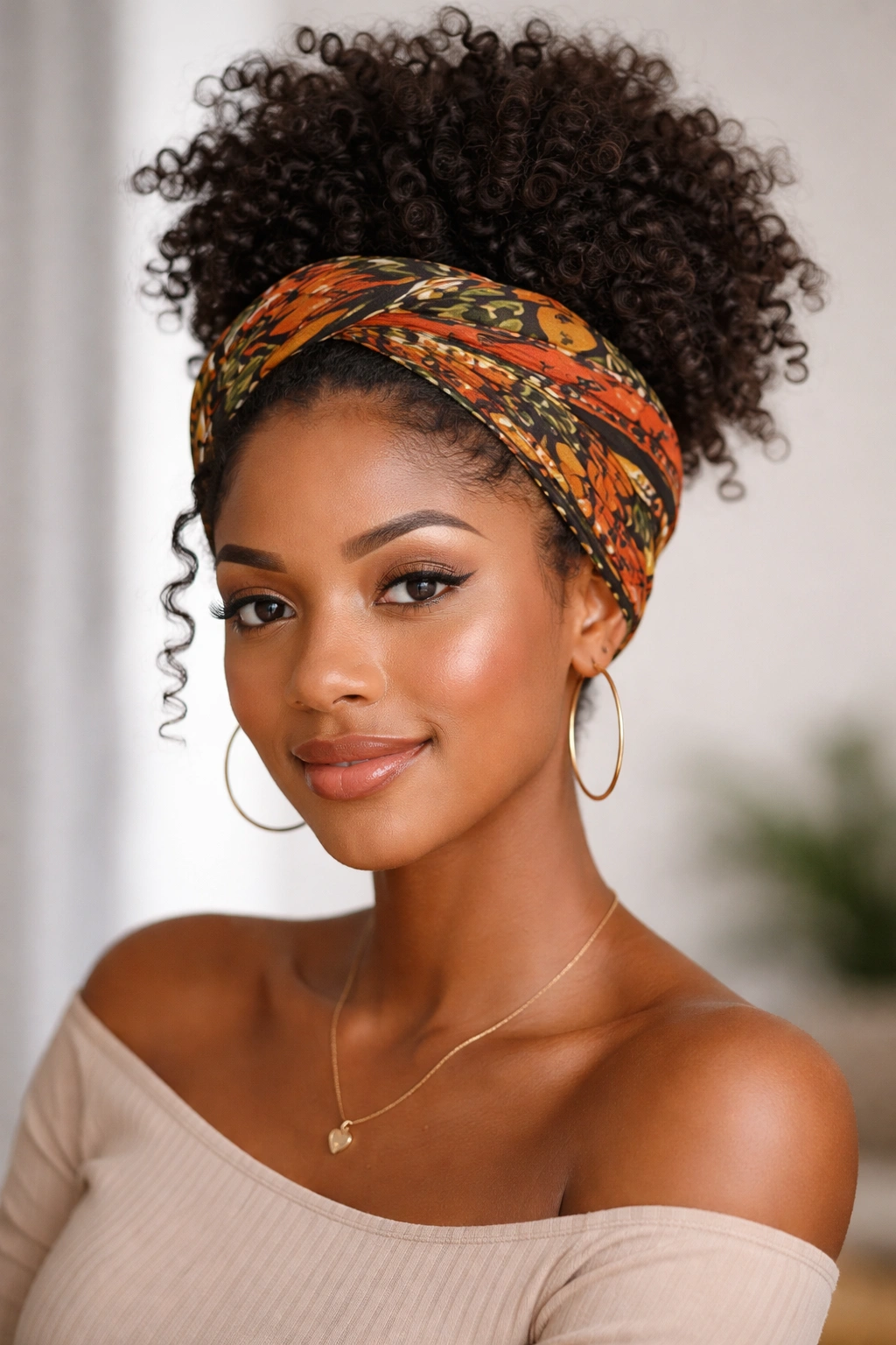 Head wrapped in a twisted fabric headwrap with curly hair