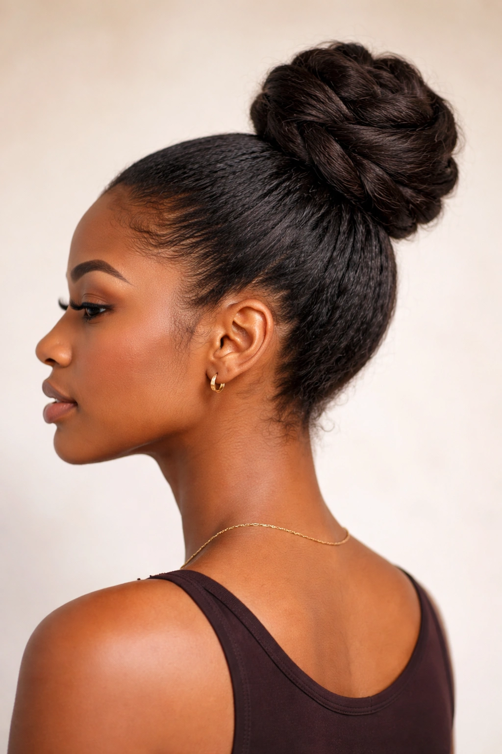 High ponytail twisted into a neat bun at the crown