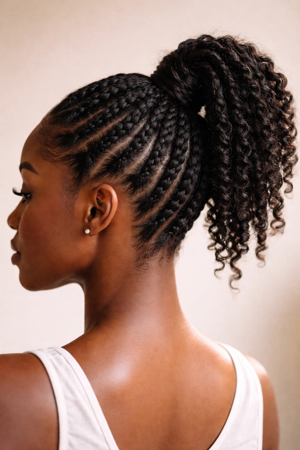 Twisted high ponytail with two-strand twists forming a high ponytail