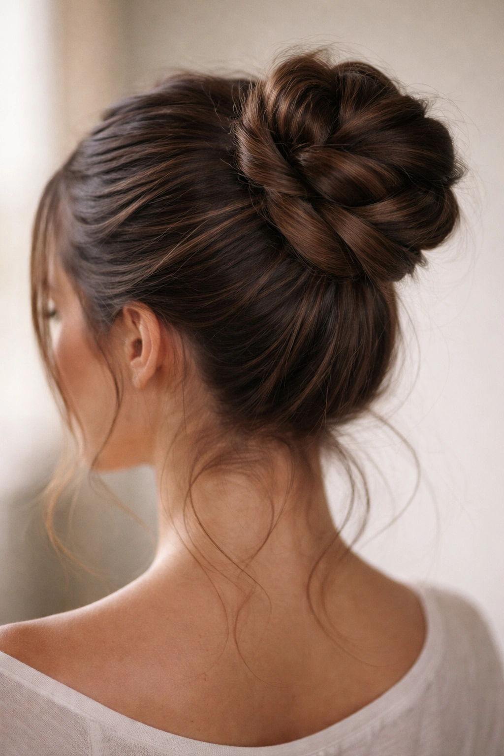 Close-up of a twisted knot bun with two twisting sections forming a spiral on thick hair