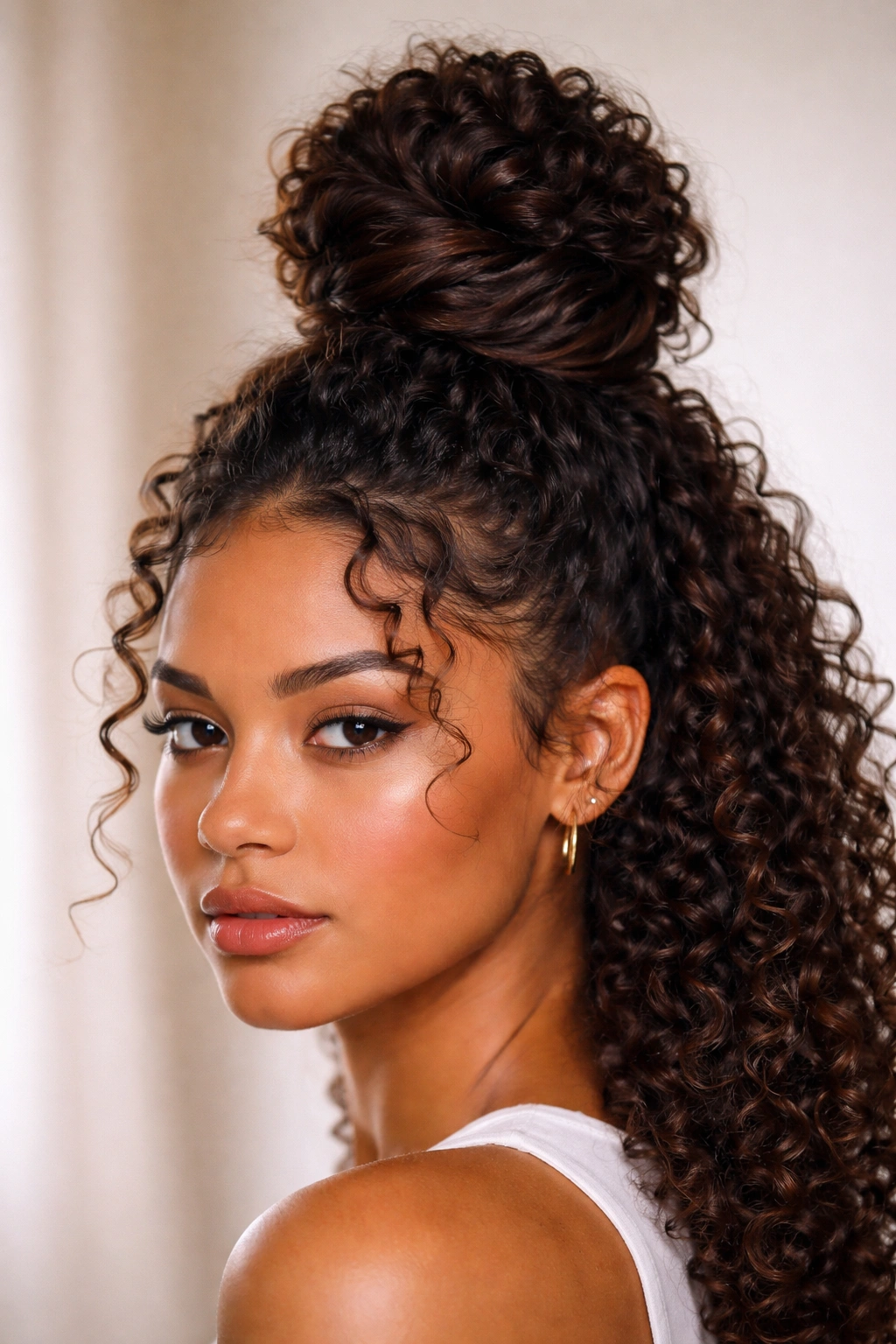 Crown-high twisted knot on curly hair highlighting spiral curl texture