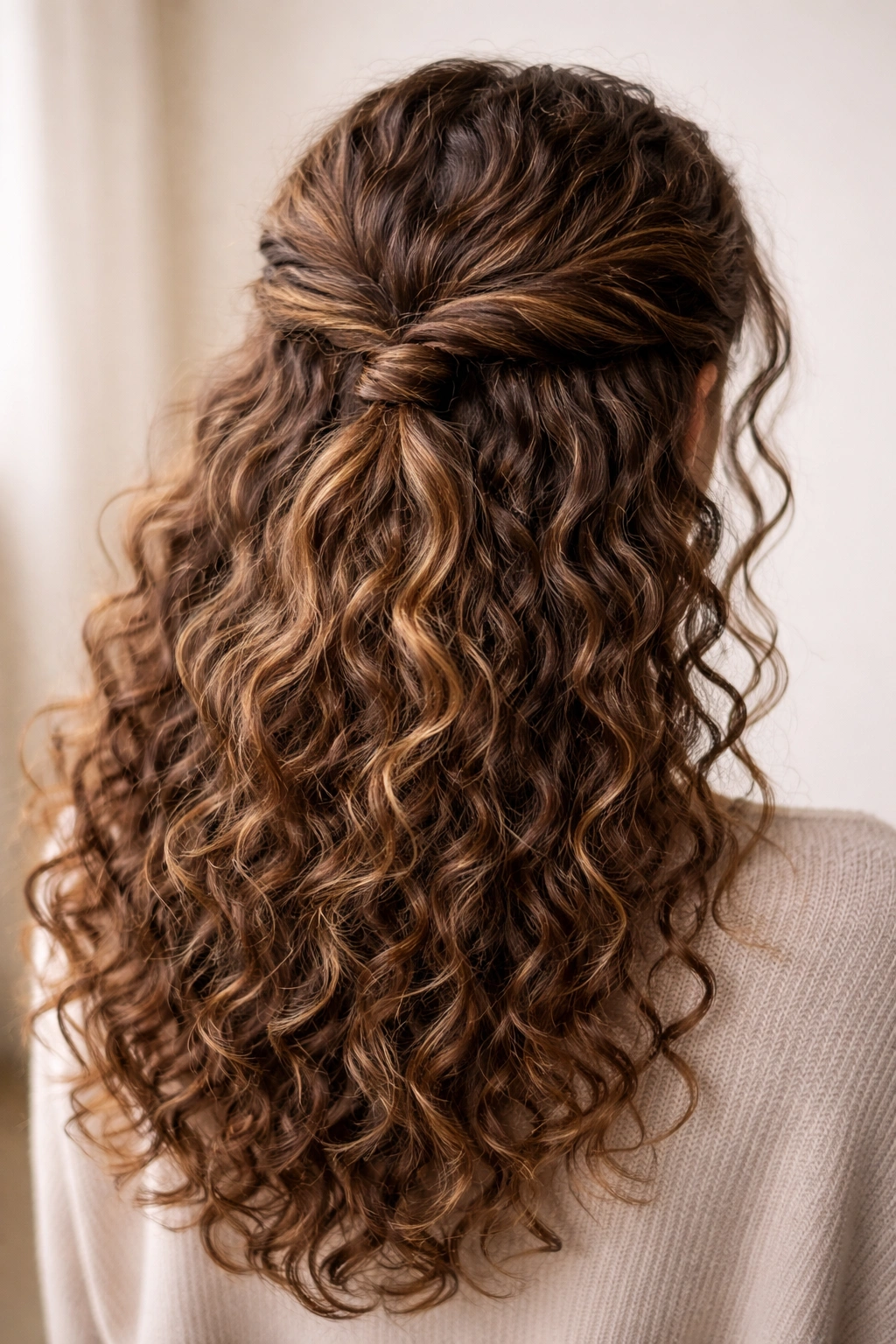 Half-up twisted knot on greasy curls with texture