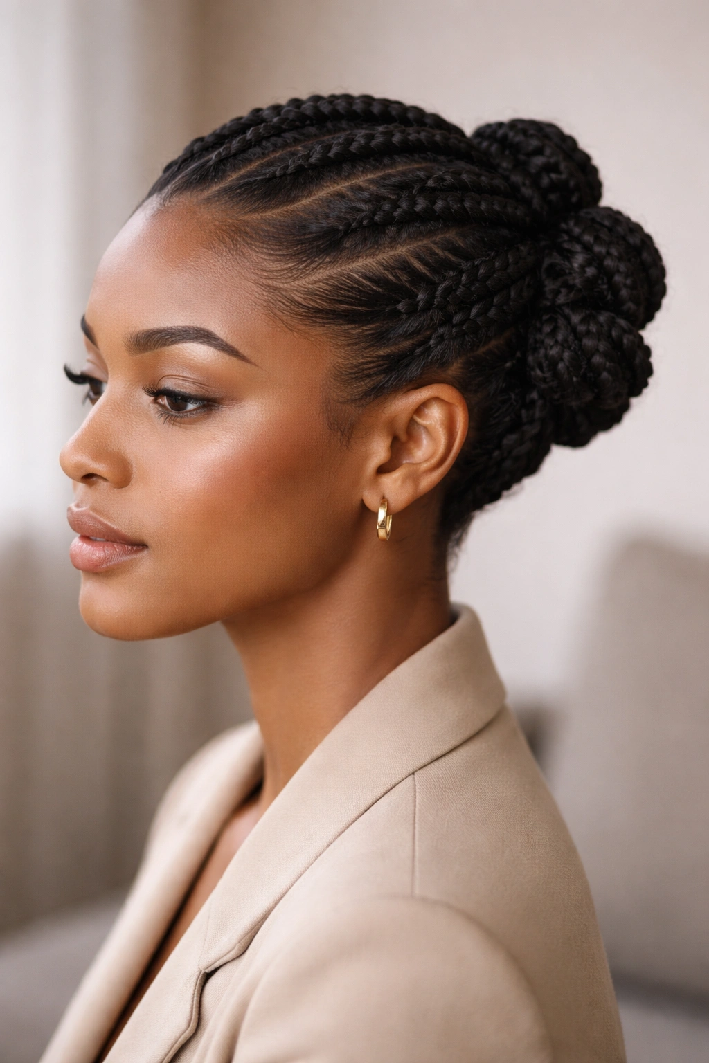 Sleek twisted knots hairstyle with hair pinned neatly off the face